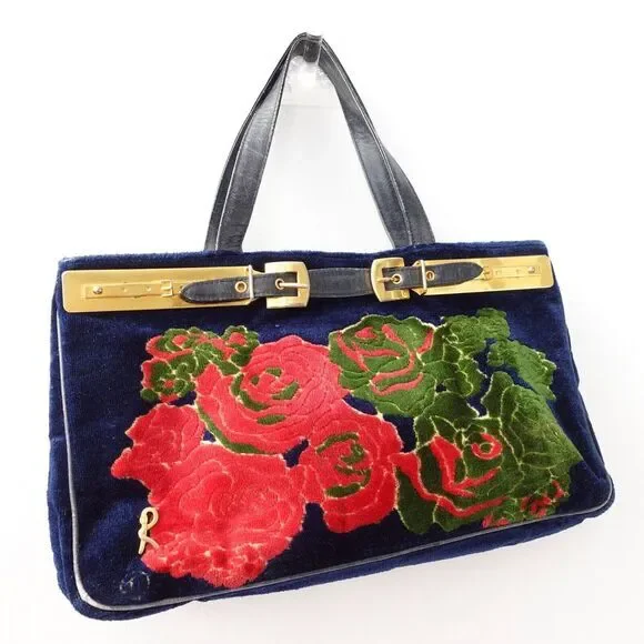 1970s VINTAGE Roberta Di Camerino Bag Flower Navy Devore Gold Belt Bagonghi RARE